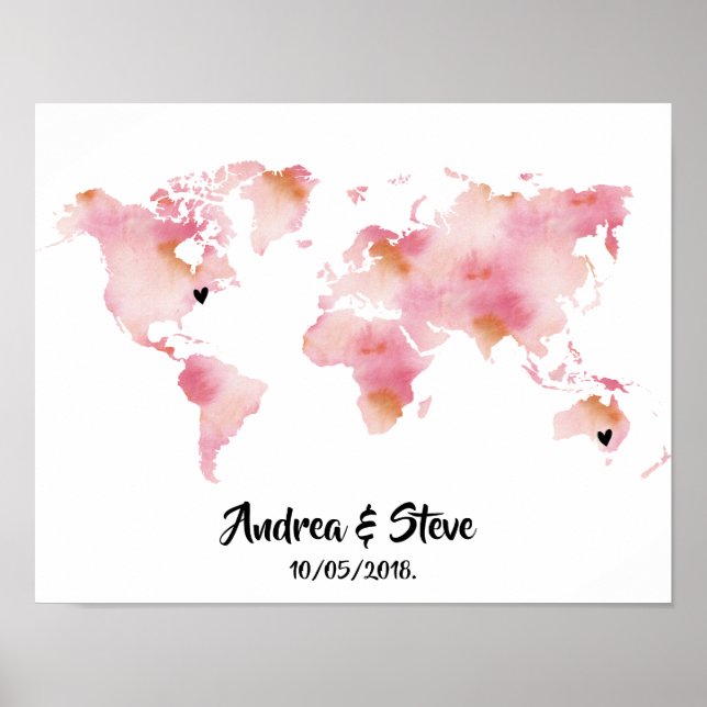 Poster Mapa Mundial de Aquarelas com casais amovíveis (Frente)