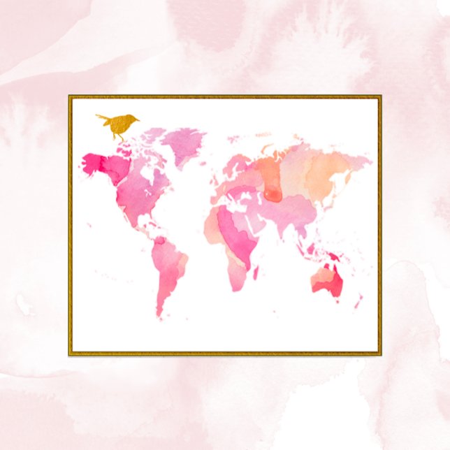 Poster Mapa Mundial De Aquarelas Rosa E Dourada (Criador carregado)