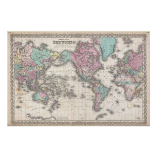Póster Mapa Mundial de Colton de 1855 na Projeção de Merc