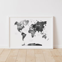 Mapa Mundial de Continentes e Oceanos em Aquarela 