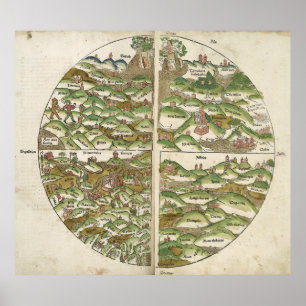Póster Mapa Mundial de Corte de Madeira 1475 mais antigo 