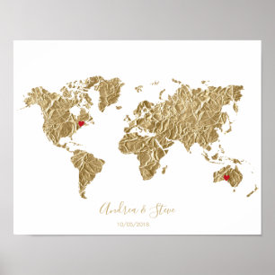 Poster Mapa Mundial de Folhas de Ouro com casais amovívei