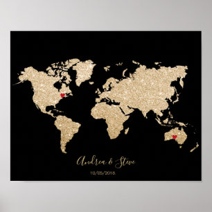 Poster Mapa Mundial de Folhas de Ouro com casais de cora