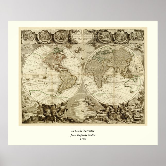 Poster Mapa mundial de Jean Baptiste Nolin em 1708 (Frente)