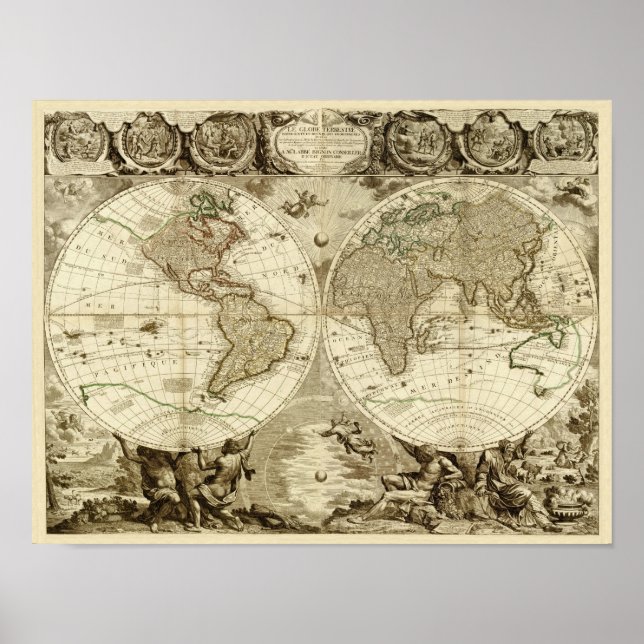 Póster Mapa mundial de Jean Baptiste Nolin em 1708 (Frente)