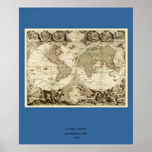 Póster Mapa mundial de Jean Baptiste Nolin em 1708 (Frente)