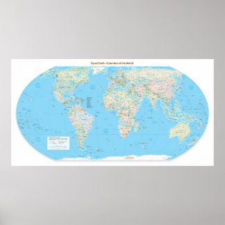 Poster Mapa mundial de países da Terra Igual, Centrado em