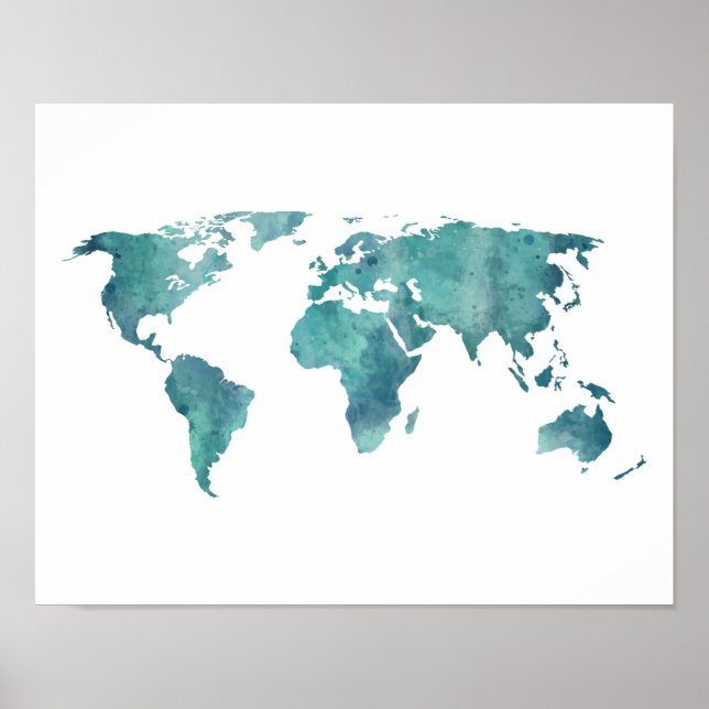 Poster Mapa Mundial de Turquesa Watercolor (Frente)