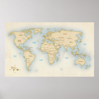 Poster Mapa mundial de Vintage com países