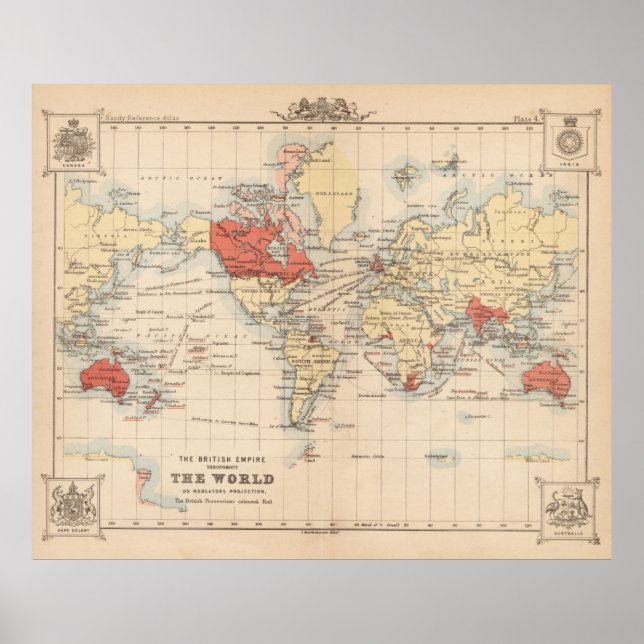 Poster Mapa Mundial do Império Britânico Vintage (1888) (Frente)