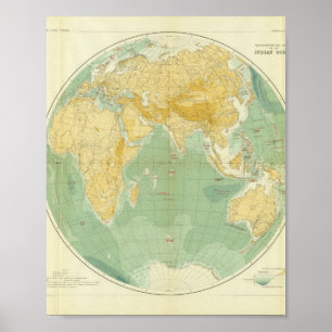 Poster Mapa Mundial do Oceano Índico, Europa, Ásia e Á
