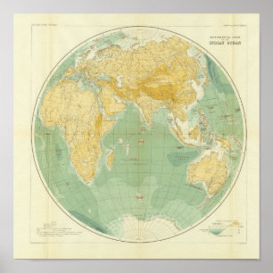 Poster Mapa Mundial do Oceano Índico, Europa, Ásia e Áfri