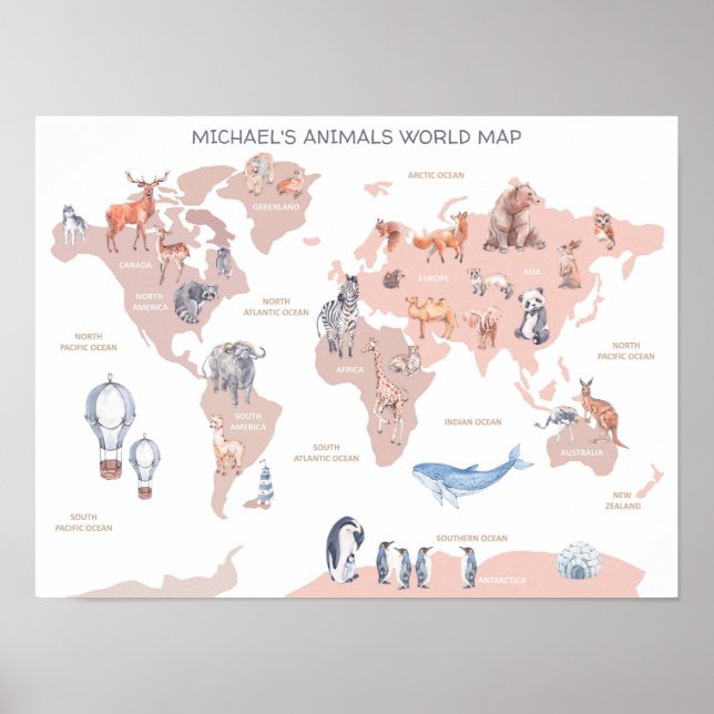 Poster Mapa Mundial dos Animais,Arte de Parede para Crian (Frente)