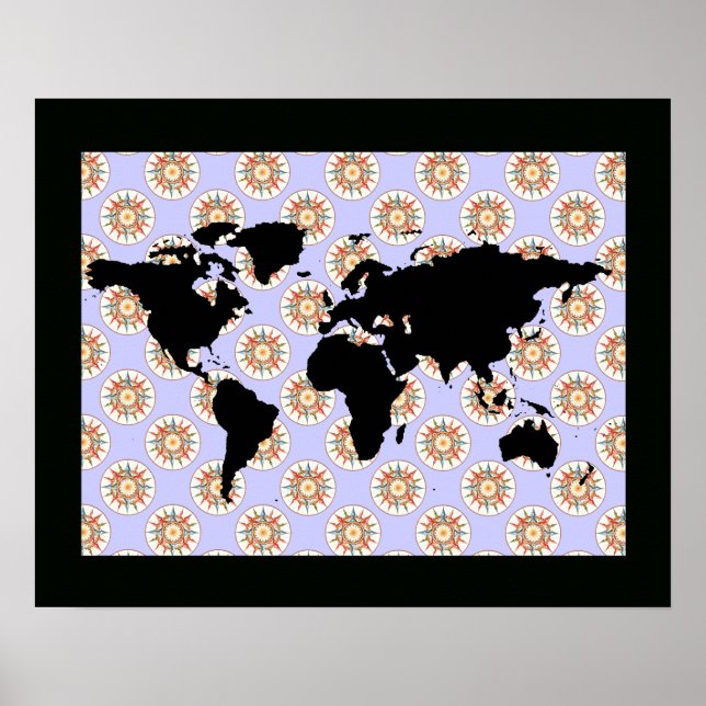 Póster mapa mundial e rosa de bússola (Frente)