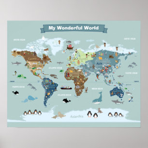 Póster Mapa Mundial Infantil com Animais e Pontos Turísti