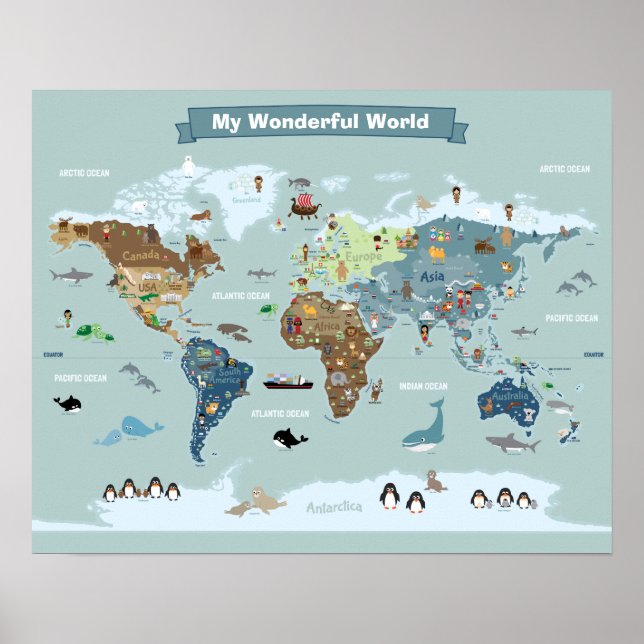 Póster Mapa Mundial Infantil com Animais e Pontos Turísti (Frente)