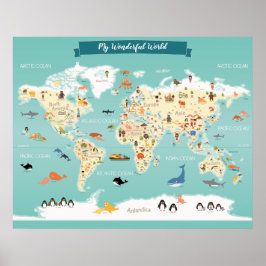 Póster Mapa Mundial Infantil com Ilustrações