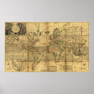 Póster Mapa Mundial Inteiro de Herman Moll (1719)