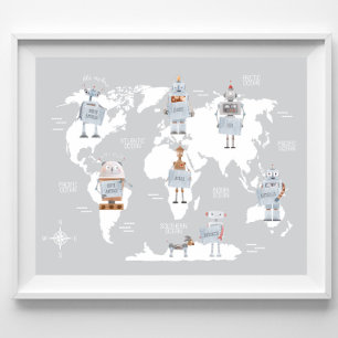 Poster Mapa Mundial Meninos Impressão, Arte Robô Quarto d