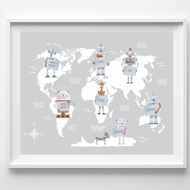 Poster Mapa Mundial Meninos Impressão, Arte Robô Quarto d (Criador carregado)