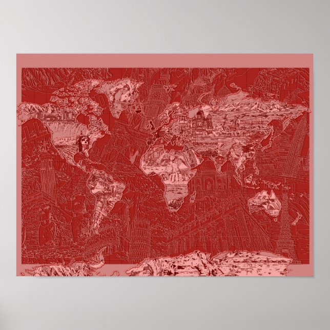 Póster mapa mundial vermelho 1 (Frente)