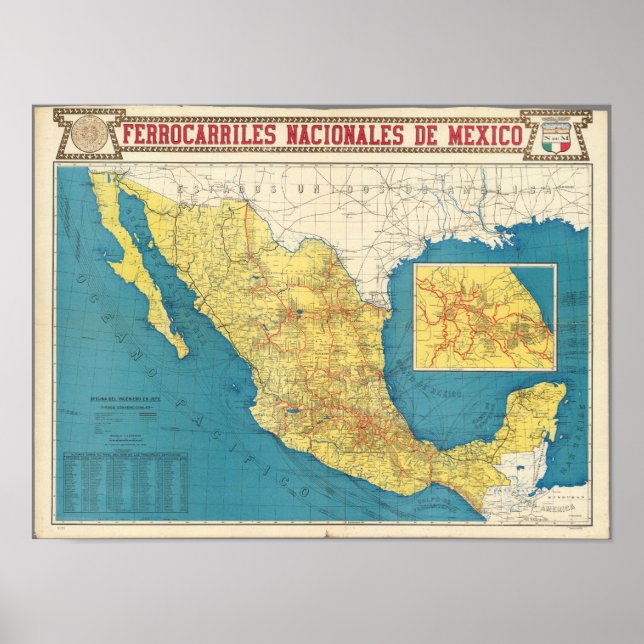 Poster Mapa Nacional das Estradas de Ferro do México (Frente)