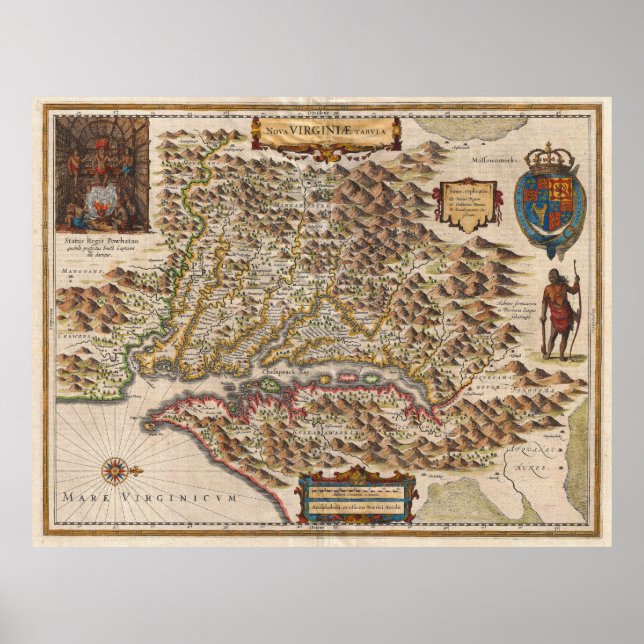 Póster Mapa Nova Virginiae Tabula 1630 Henricus Hondius (Frente)