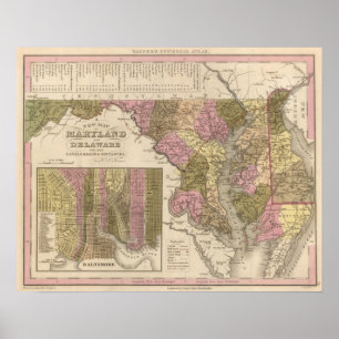 Póster Mapa novo de Maryland e de Delaware