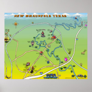 Póster Mapa novo dos desenhos animados de Braunfels Texas