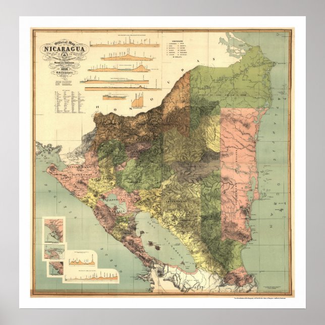 Póster Mapa Oficial da Nicarágua de 1898 (Frente)