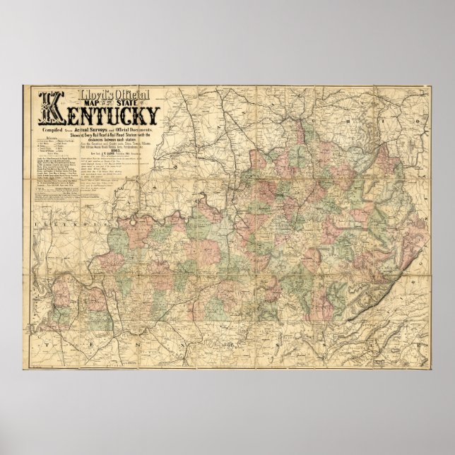 Póster Mapa Oficial do Estado de Kentucky de Llyod em 186 (Frente)