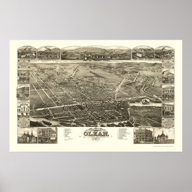 Poster Mapa Olean, NY Panorâmico - 1882 (Frente)