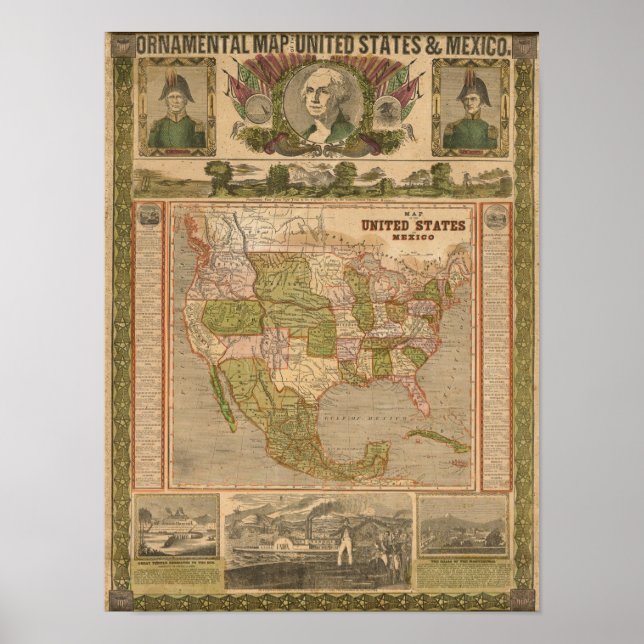 Póster Mapa Ornamental dos Estados Unidos e do México (Frente)