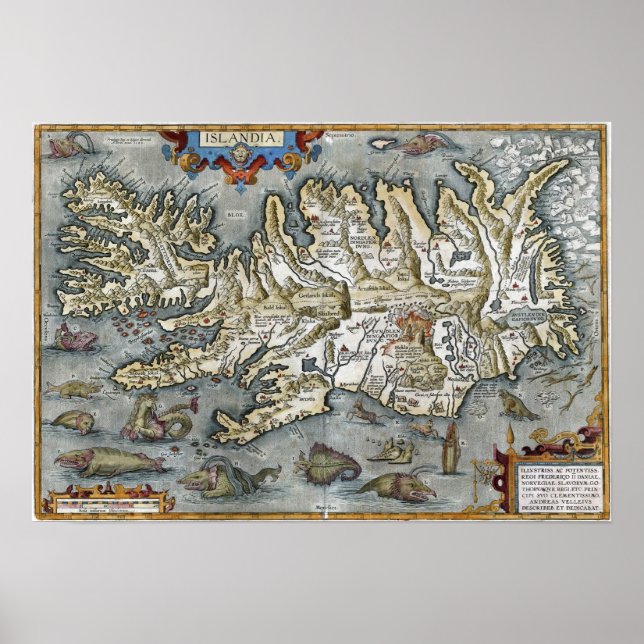 Poster Mapa Ortelius Islandia com Monstros do Mar Impress (Frente)