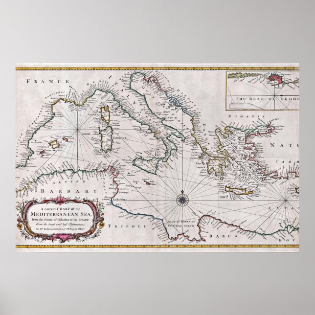 Poster Mapa ou Carta do Mar Mediterrâneo de Seale de 1745 (Frente)