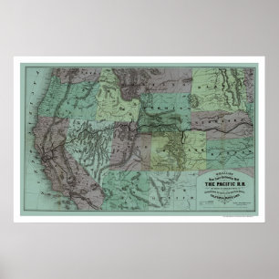Póster Mapa pacífico 1877 da estrada de ferro