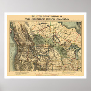 Póster Mapa pacífico do norte 1871 da estrada de ferro