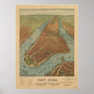Poster Mapa panorâmico antigo da Nova Iorque 1879