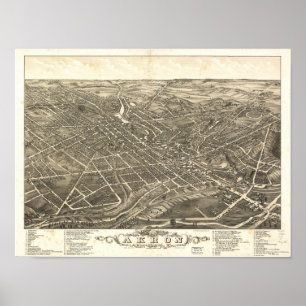 Póster Mapa panorâmico antigo de Akron Ohio 1882