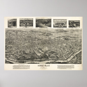 Póster Mapa panorâmico antigo de Asheville N. Carolina