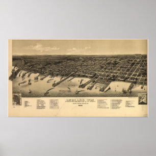 Póster Mapa panorâmico antigo de Ashland Wisconsin 1886