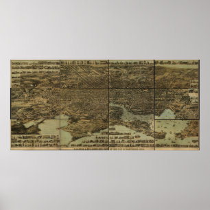 Póster Mapa panorâmico antigo de Baltimore Maryland 1870
