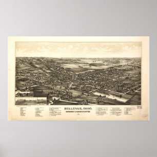 Póster Mapa panorâmico antigo de Bellevue Ohio 1888