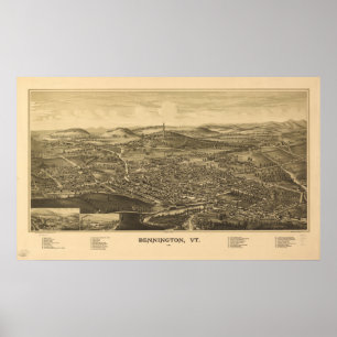 Póster Mapa panorâmico antigo de Bennington Vermont 1887