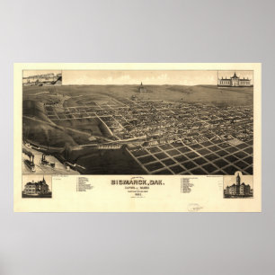 Poster Mapa panorâmico antigo de Bismarck North Dakota