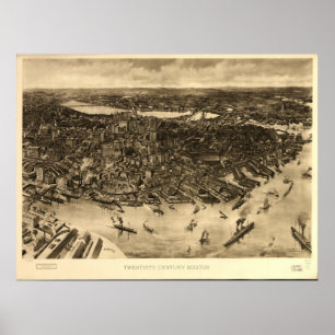 Póster Mapa panorâmico antigo de Boston Massachusetts