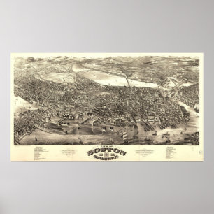 Póster Mapa panorâmico antigo de Boston Massachusetts