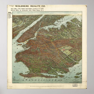 Póster Mapa panorâmico antigo de Brooklyn New York 1908