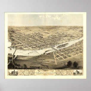Poster Mapa panorâmico antigo de Cedar Rapids Iowa 1868