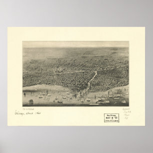 Póster Mapa panorâmico antigo de Chicago Illinois 1860